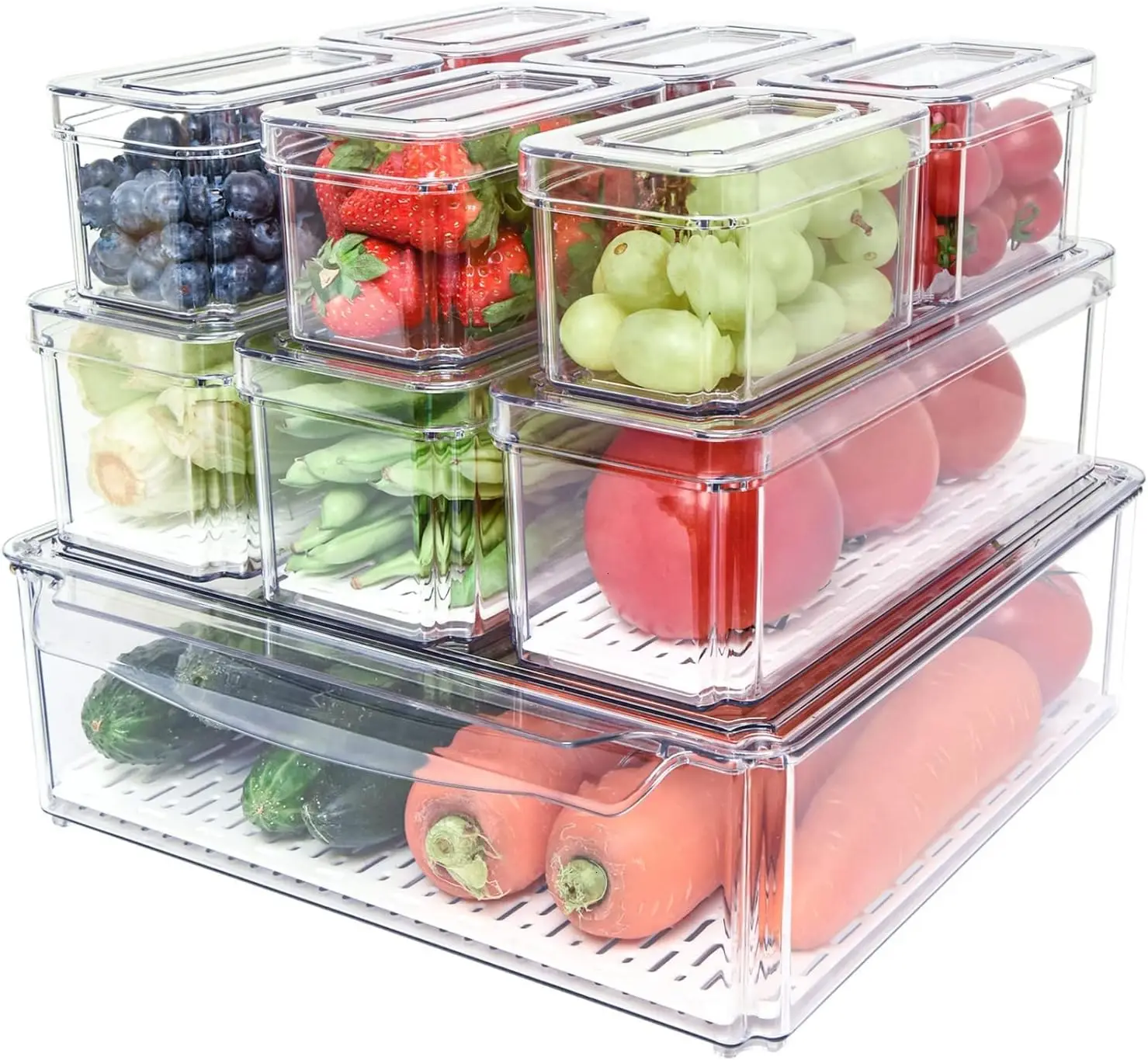 10 Pack Fridge Organizer Stackable Refrigerator Organizer Bins with Lids BPA-Free Produce Fruit Storage Containers