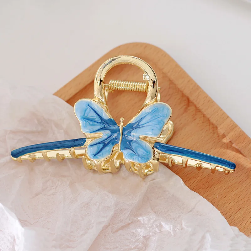 Gradient Blue Hairpin Fresh & Sweet Alloy Dripping Oil Small Hair Claw Clips Butterfly Women Shark Clip Banana Hair Clips