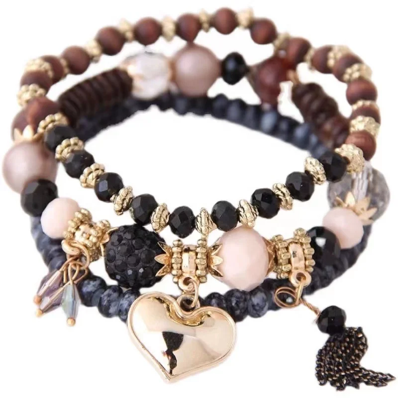 New Jewelry Bohemian Ethnic Bracelet Handmade Stacked Fashion Tassel Heart Charm Crystal Wood Beaded Elastic Bracelet Set