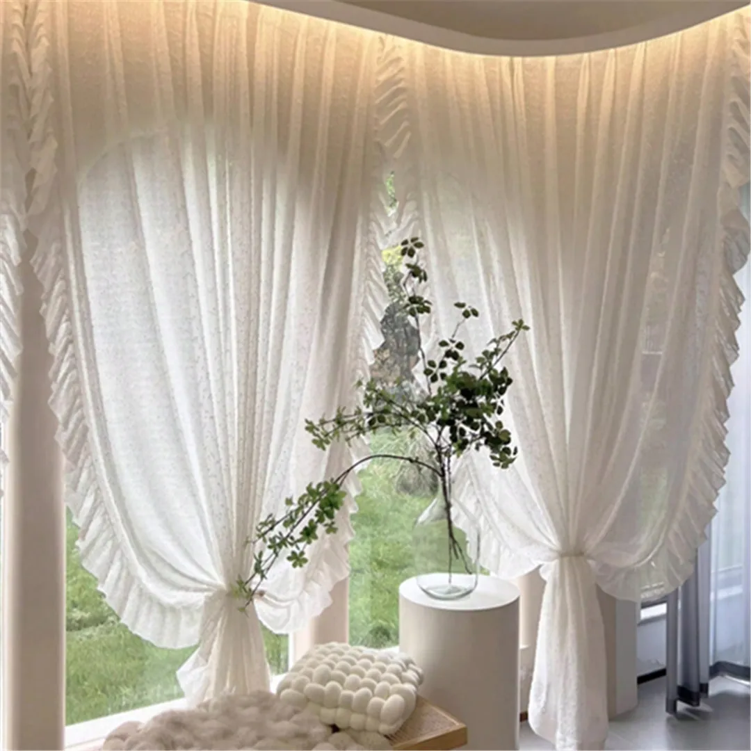2024 New French Style Creamy Flounce Lace White Luxury Sheer Curtain for Bedroom Living Room All-season