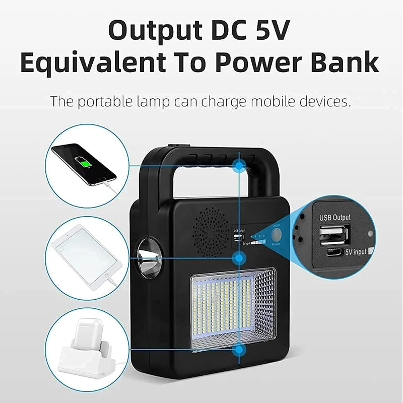 USB Rechargeable 6000mAh Power Bank 6000LM 5 Lights Modes Emergency Solar COB LED Camping Lantern with Speaker