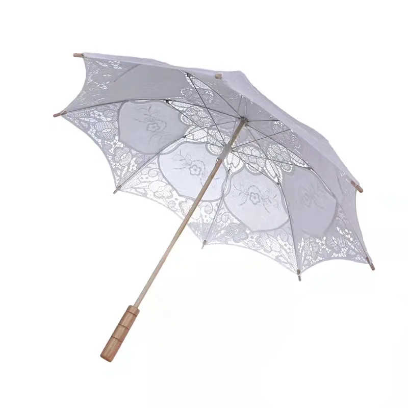 Модный пользовательский кружевной вышитый бамбуковый Свадебный зонтик для невесты белый Хлопковый зонтик