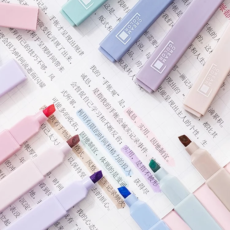 OEM custom low moq highlighter rectangular marker cheap macaron pastel colors highlighter pen set