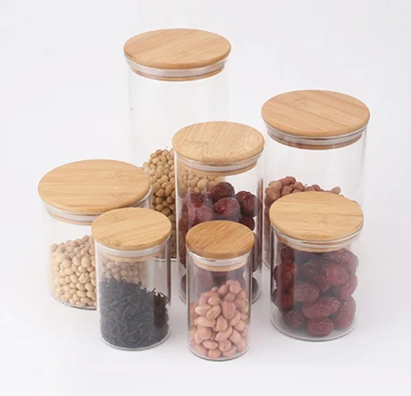 Kitchen Glass Storage Jar Seasoning Food Storage Container Sealed Bamboo Lid Glass Jar