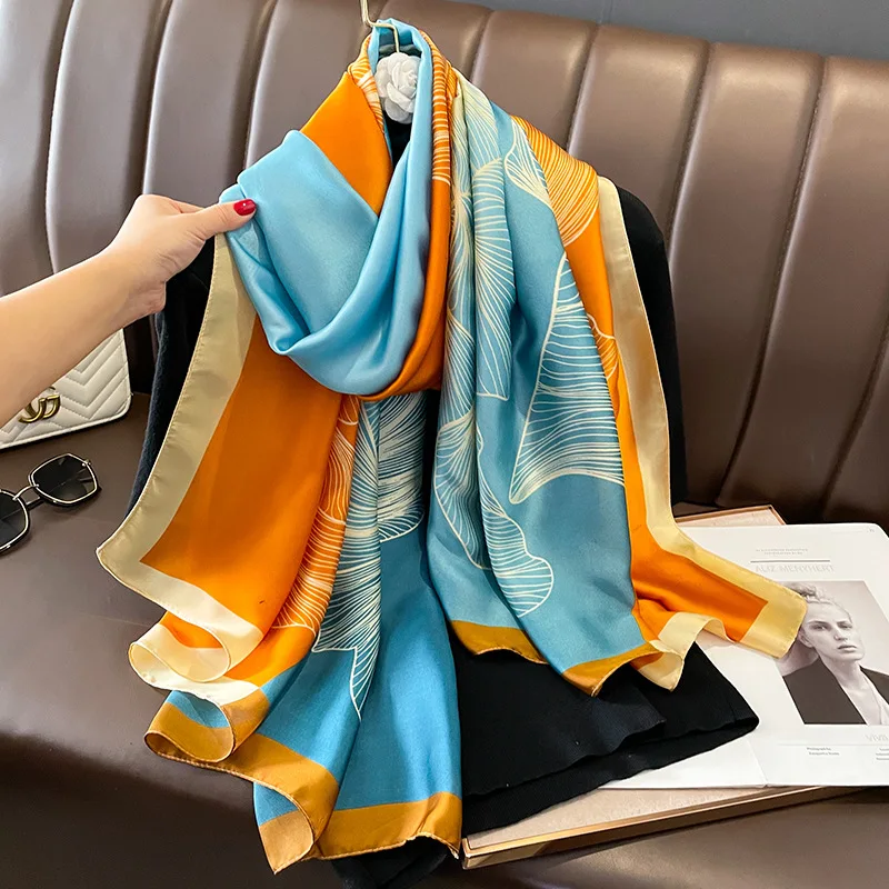 Wholesale elegant flower pattern print silk scarf for lady luxury soft imitation silk scarf women hijabs sunscreen shawls stoles