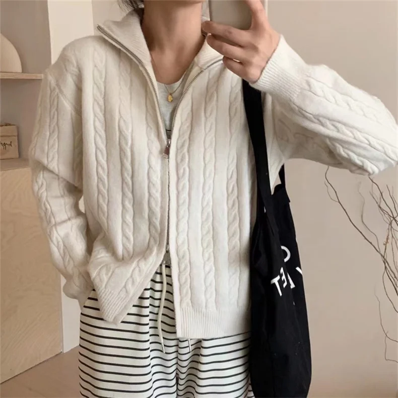 Custom black zip up jacket rib cable knit long sleeve turn-down collar full zip sweater cardigan for women autumn top