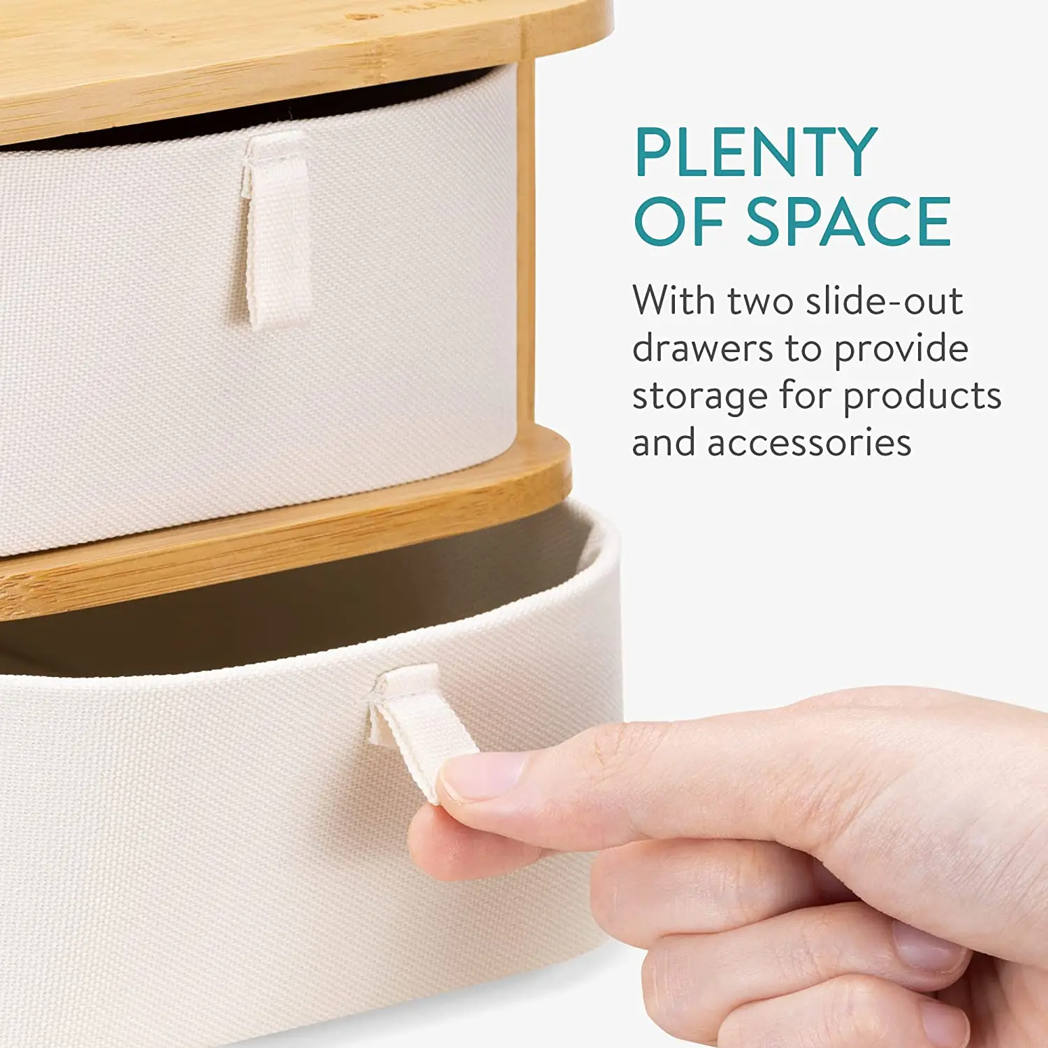 Bamboo Organizer And Gray Fabric Trays 2-Tier Drawer Unit For Bathroom Vanity Table Makeup Storage Drawers