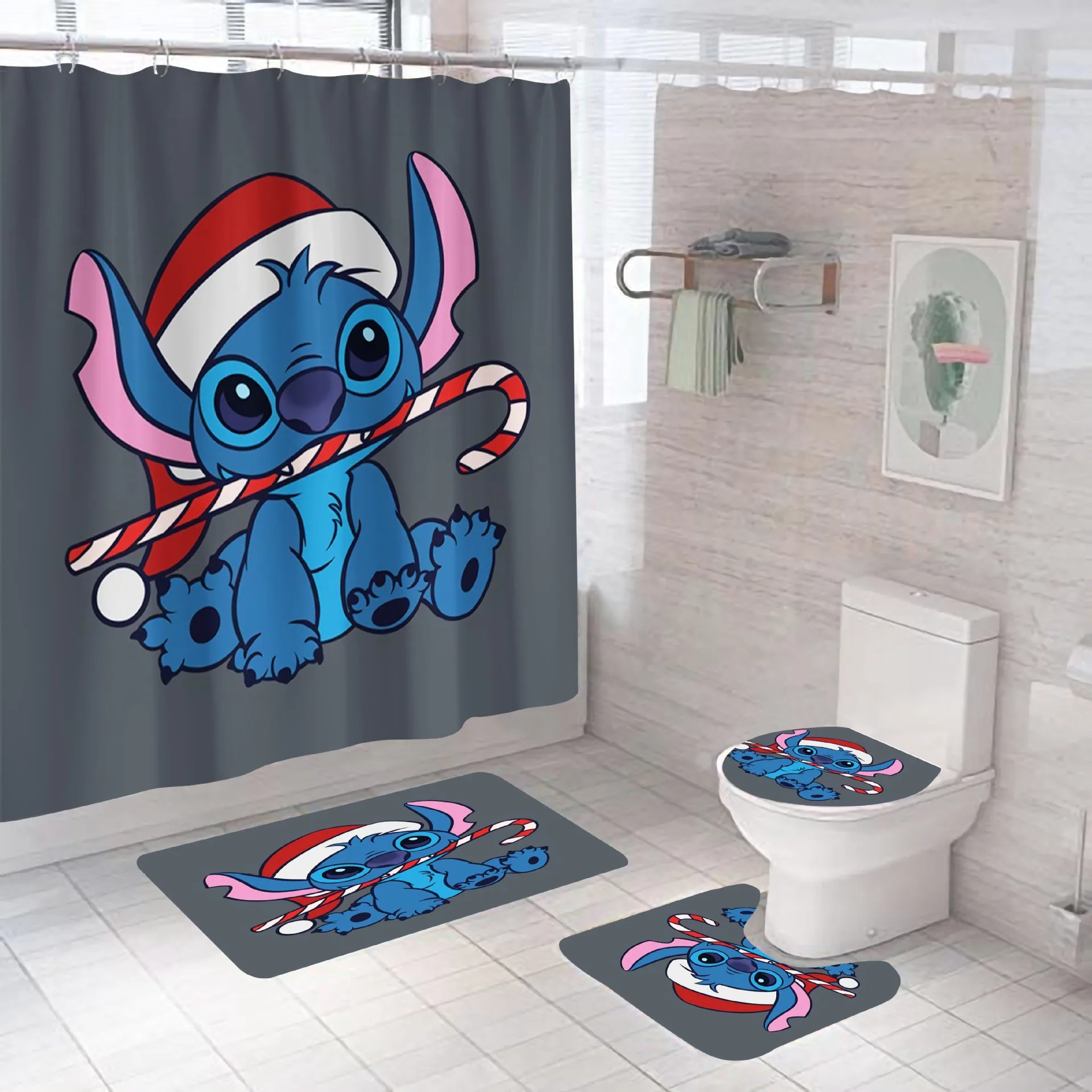 Stitch 4 Piece Funny Curtain Set Waterproof 3D Printed Bathroom Shower Curtains Kids