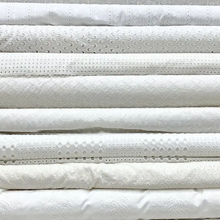 Lightweight yarn count customization soft flower embroidery holes eye let lace fabric with cotton lining