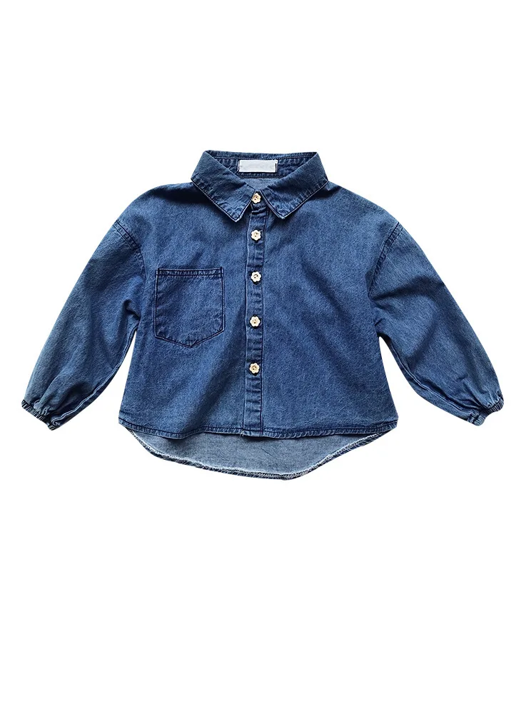 
Factory Wholesale Cute Bowknot Belt Design Button Down Casual Blouse Puff Sleeve Girls Shirt Kids Denim Shirts 