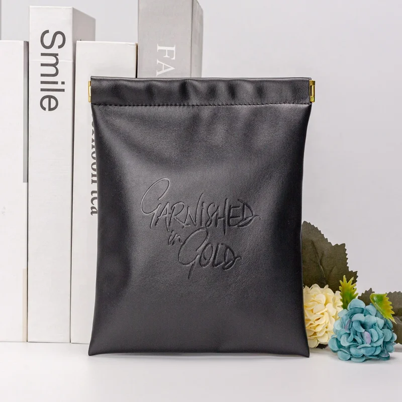 Durable Black Pu Leather Cosmetic Jewelry Bag Portable Travel Cosmetic Toiletry Pouch with Magnet Metal Leather Small Bag Makeup