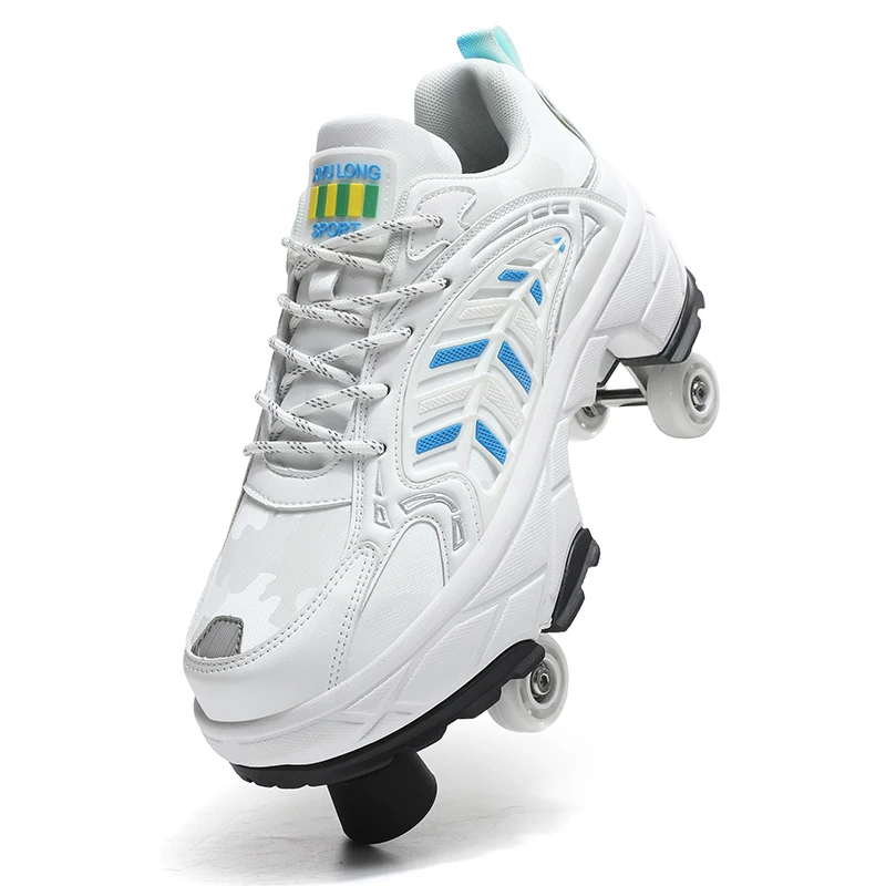 Manufactory Wholesale 4wheels Adjustable Roller Shoes With Retractable Wheels Double Row Rubber Boys Sports Girls Skate Shoes