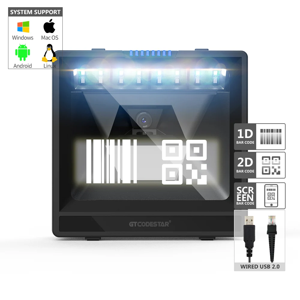 500times/sec Quick Scan 2D Desktop Barcode Scanner Red Light CMOS QR Code Reader Supermarket Use