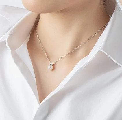 2PCS Necklace and Earring Pearl Set Silver Post Chain Freshwater 7-8mm Round White Pearl Set