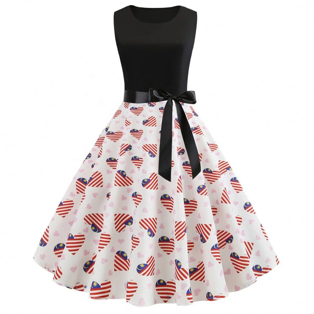 
Women Summer Sleeveless Swing 50S-60S Vintage Dress Casual Floral Print Plus Size Pin Up Party Dress With Belt Coldker 