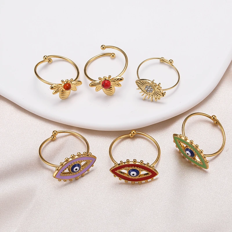 2023 Fashion 18k Gold Plated Stainless Steel Red Blue Eye Shaped Ring for Jewelry Gift