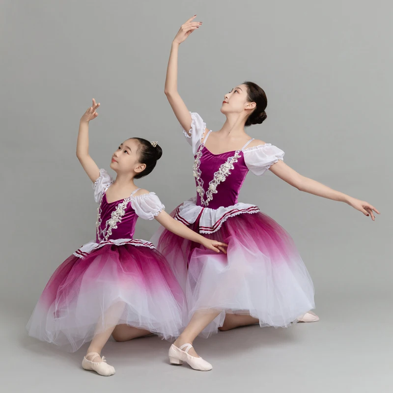 Girls Long Ballet Dress Giselle Romantic Tutu Performance Costumes Women Children Adult Ballerina Dance Costume