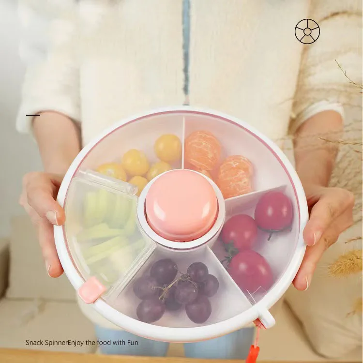 5 Compartment Portable Rotating Clear Round Plastic Carry Out Food Nuts Snack Box Spinner Containers for Kid or Baby