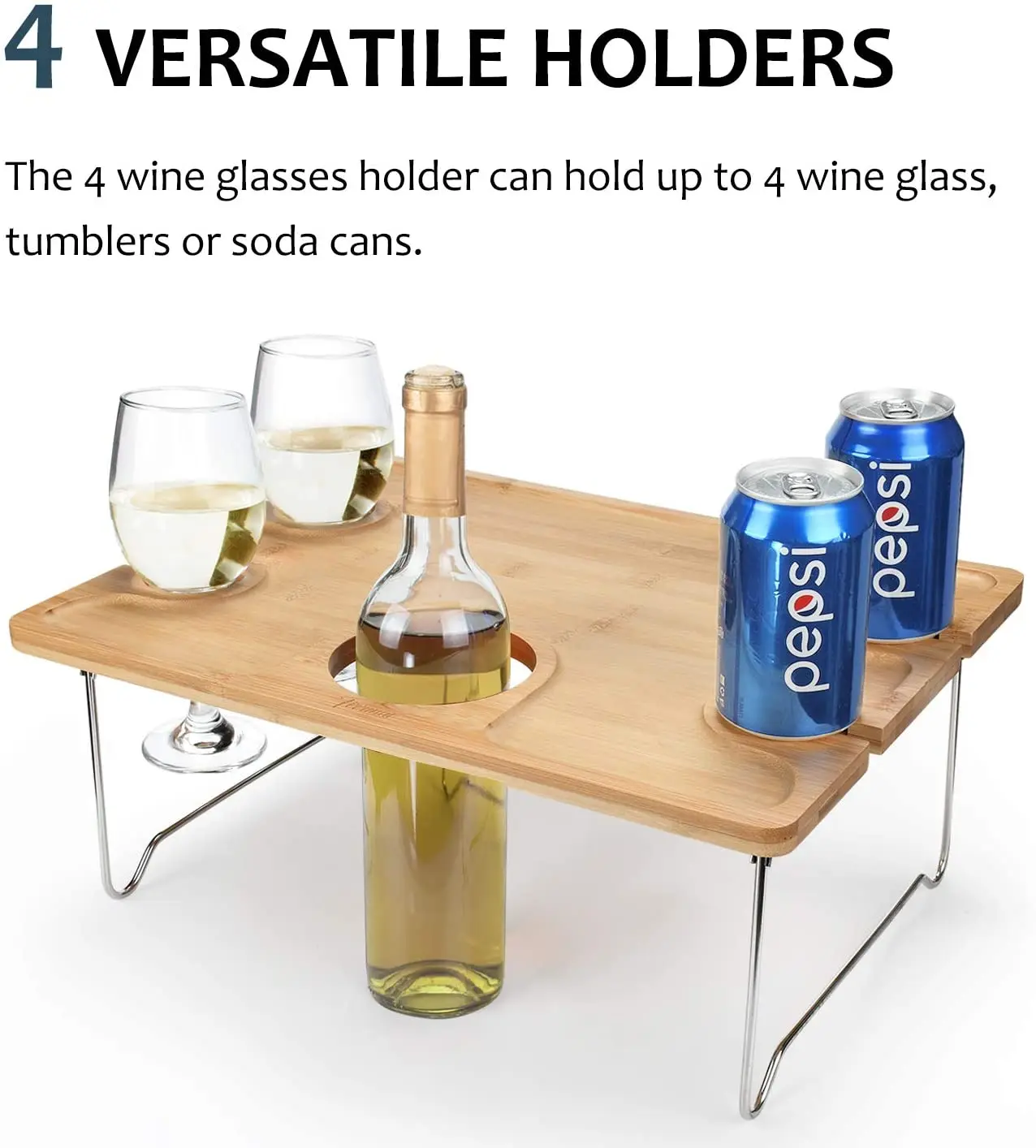 Wine Picnic Table Snack & Cheese Tray with 4 Wine Glasses Holder Portable Bamboo Large Folding for Outdoor Square Midcentury