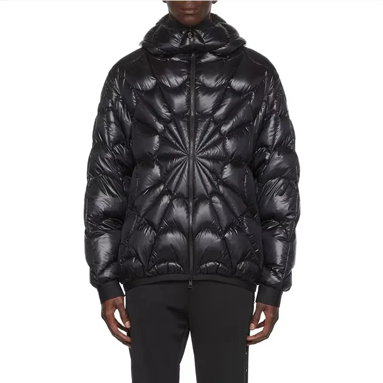 High Street New Fashion Custom Bubble Jacket for Men Spider Web Padded Cotton Men Winter Jackets Black Shiny Puffer Jacket