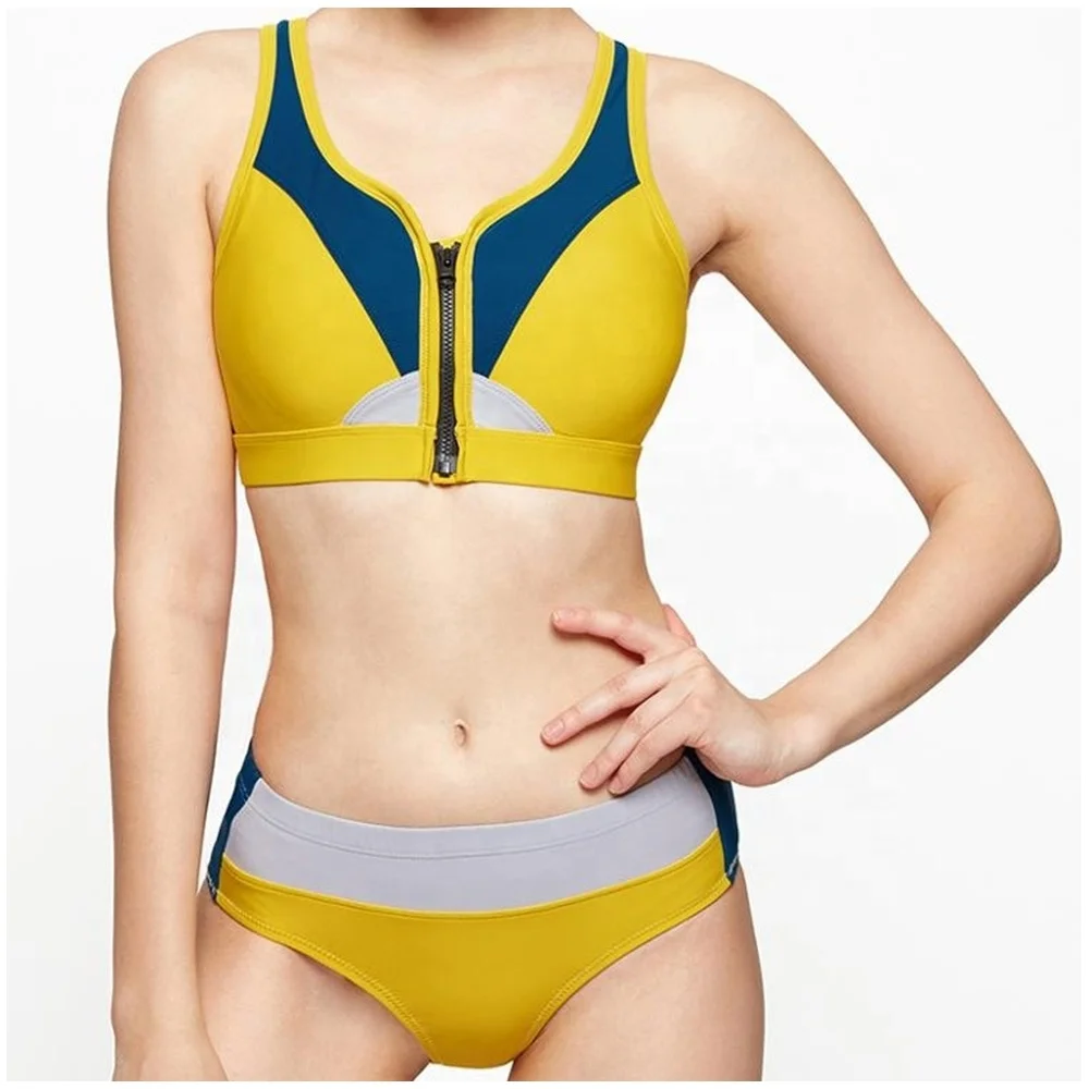 QH-Custom Mustard yellow blocking womens push up high waist two piece swimsuit swimwear swimming wear for ladies sexy bikini set
