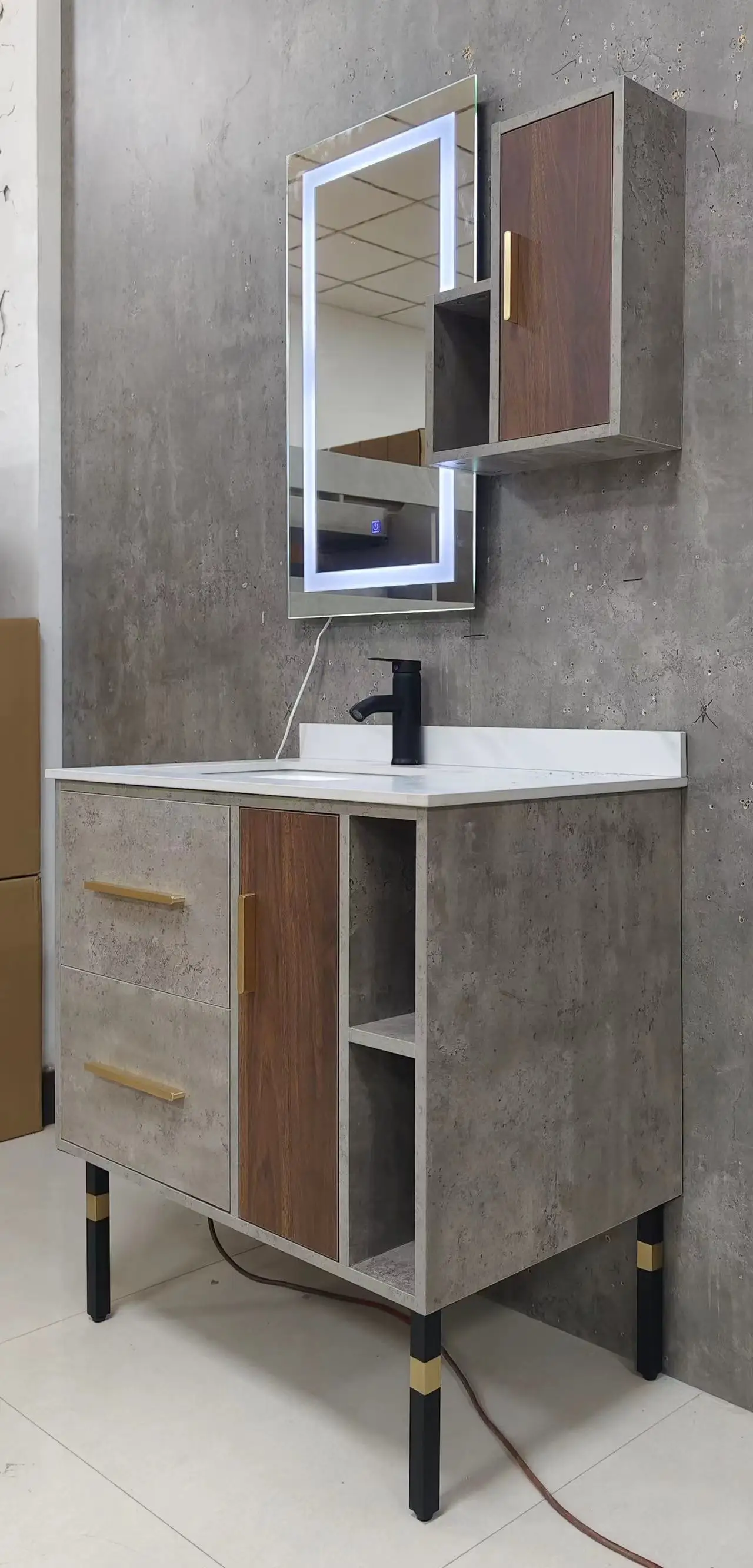 Melamine modern LED mirror quality bathroom vanities with side cabinet