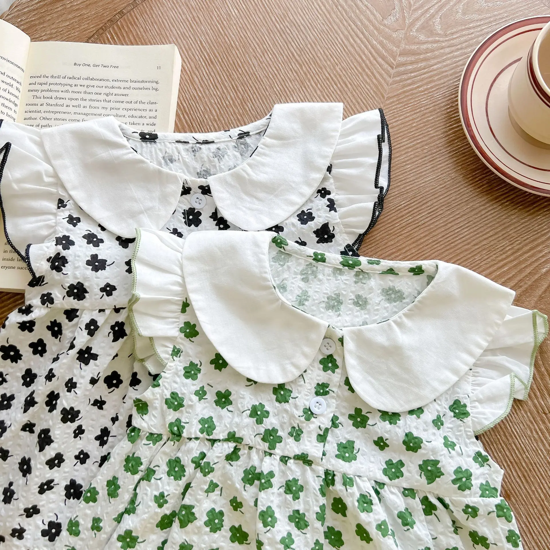 3 Pcs Baby Clothes Set with Bonnet Seersucker Baby Dress Floral 100% Cotton Peter Pan Top & Shorts Set Boutique Baby Clothes Set