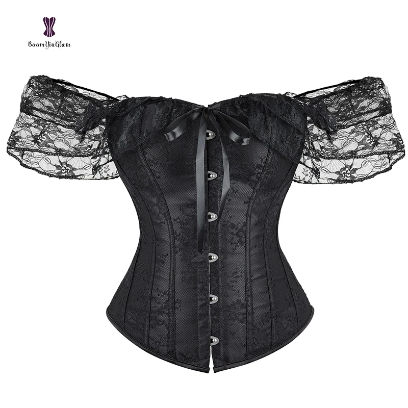 Ready to ship Vintage Overbust off Shoulder 12 Steel Bones Black bustier Shapers Lace Corset With G string for women