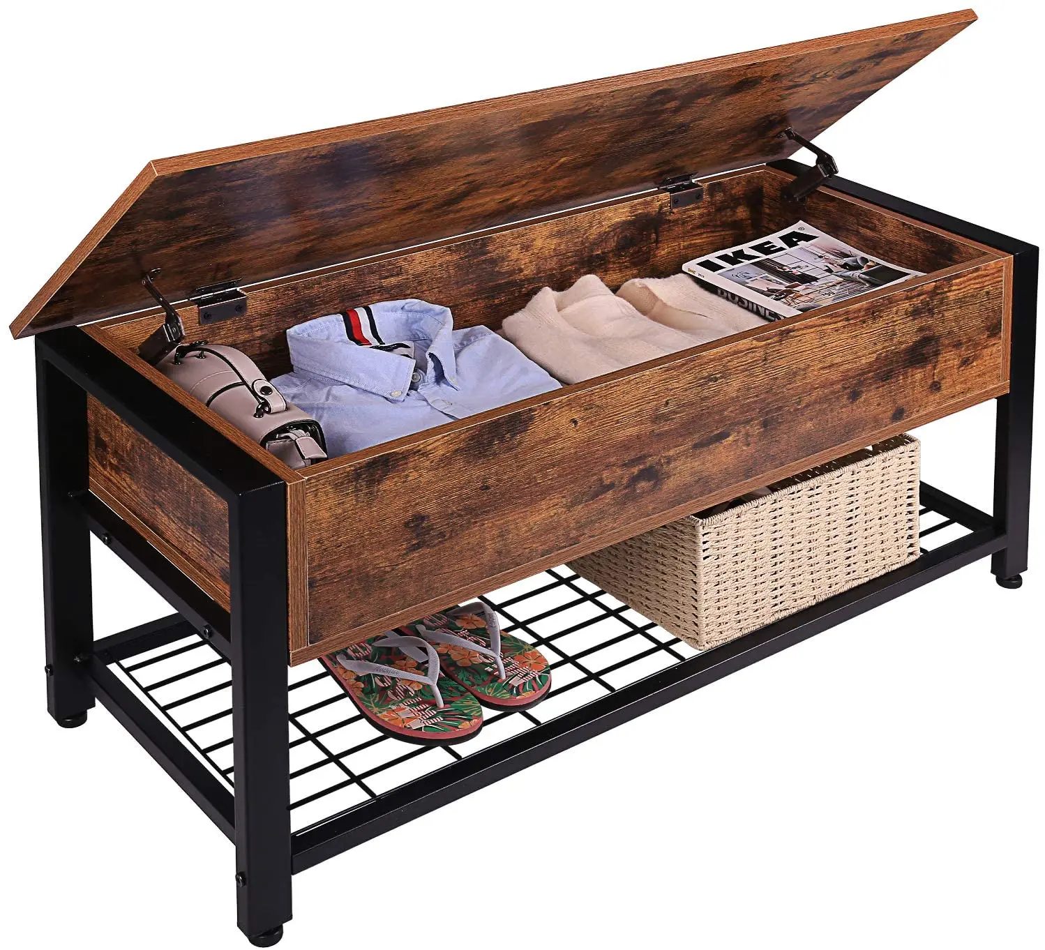Wooden Storage Bench Entryway Lift Top Shoe Storage Bench in Dining Room Hallway Living Room storage cabinet Metal Frame