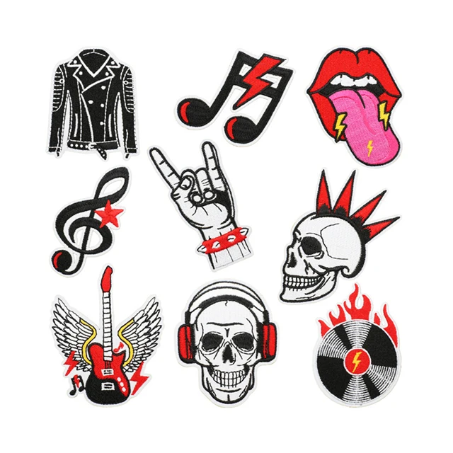 wholesale Halloween rock Music note skull denim jacket mouth guitar seal embroidery iron on hat  patches