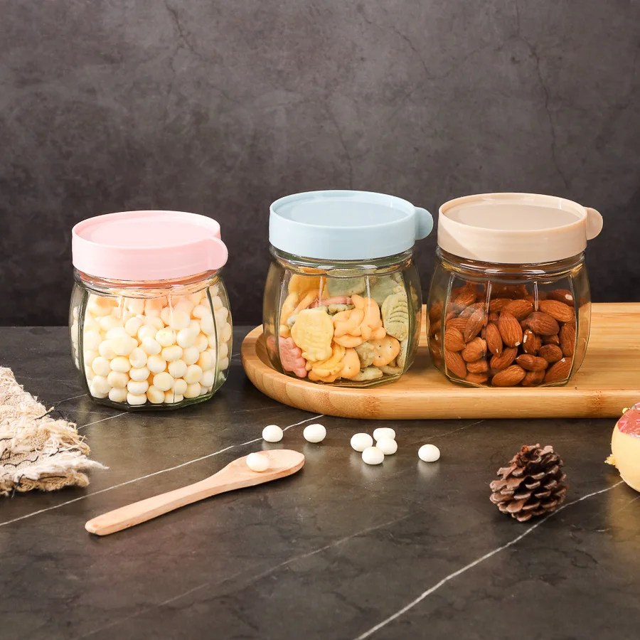 350ml Portable cute mini glass storage jar snack oat nut food storaging container with plastic screw lid