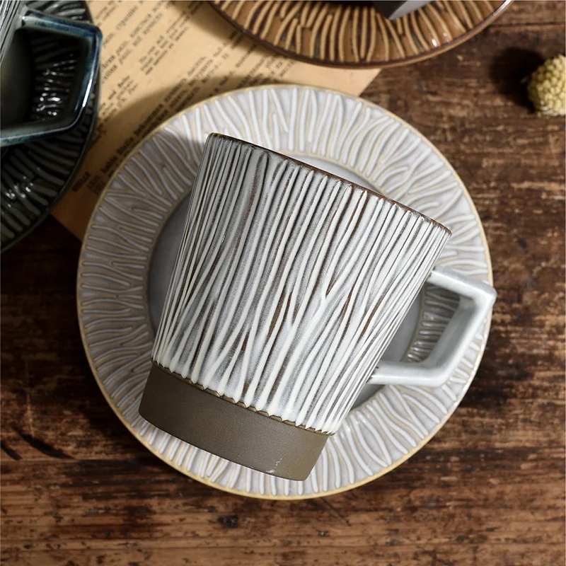 European Nordic Striped Rustic Vintage Style Pottery Mugs Ceramic Handmade Cups