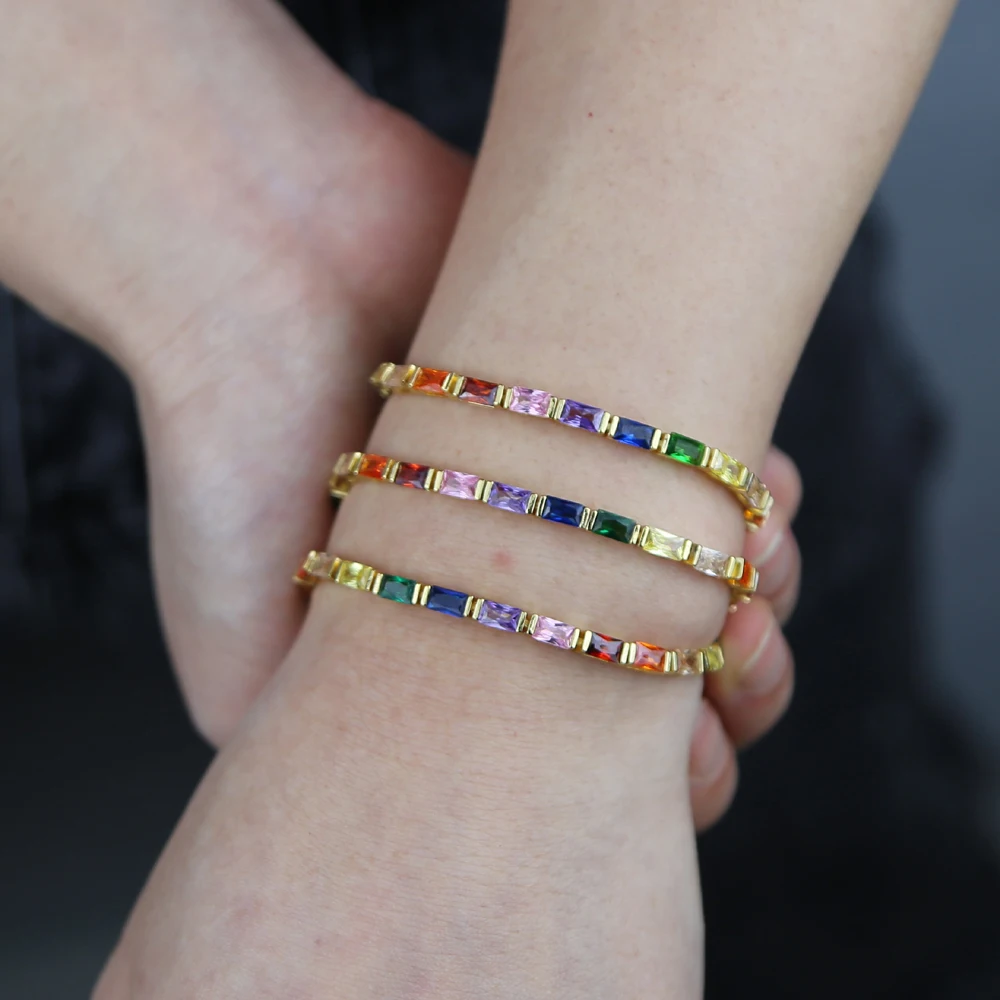 fashion women jewelry small rectangle cz colorful rainbow tennis bracelet gold silver 2 colors