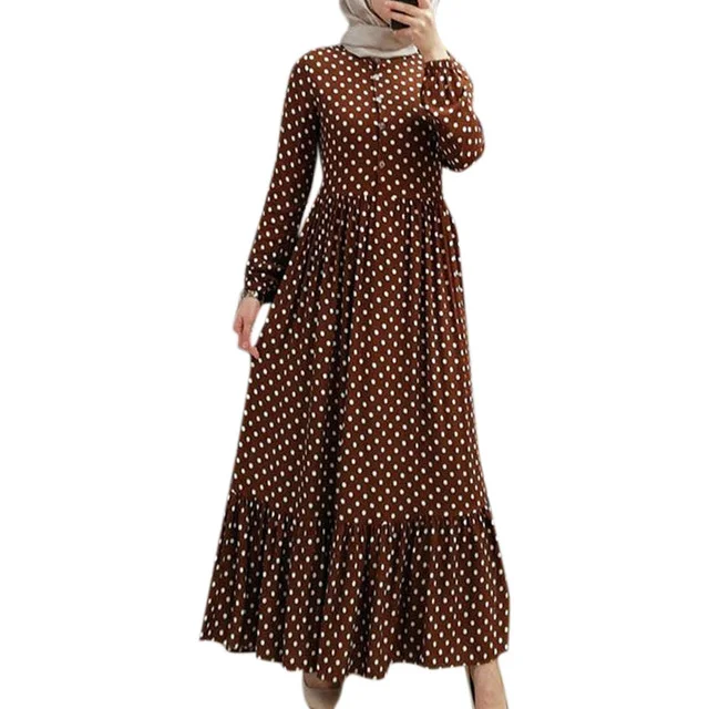 H & D New New style Muslim Women Long Sleeve Dress Popular Polka Dot Ruffled Pleated High Waist Casual Dress For Summer