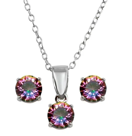 Rhodium Plated 925 Sterling Silver Synthetic Mystic Topaz Set