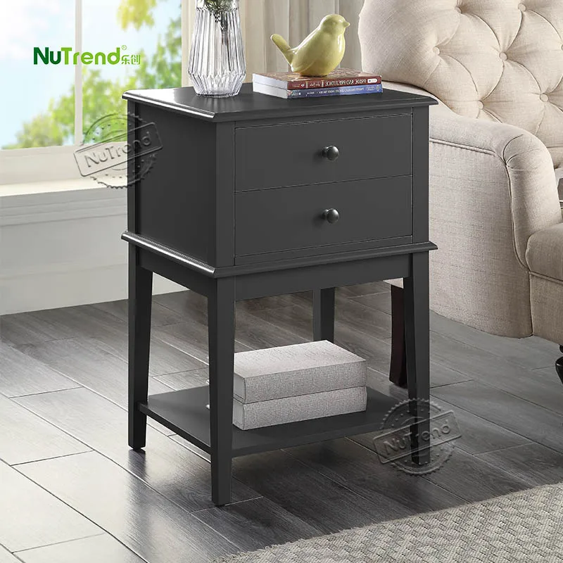 Mid Century Modern Wooden Living Room Sofa Side Table Black Bedroom 2 Drawer Nightstands