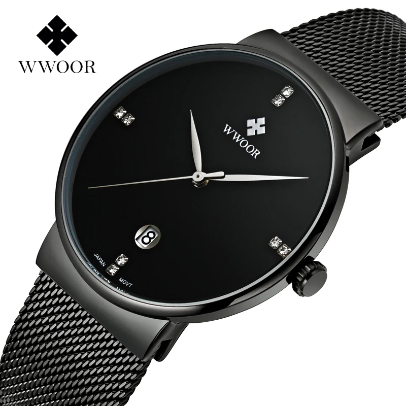 WWOOR 8018 Original Golden Plate Japan Movement Quartz Stainless Steel Back Luxury Wrist Watches Men