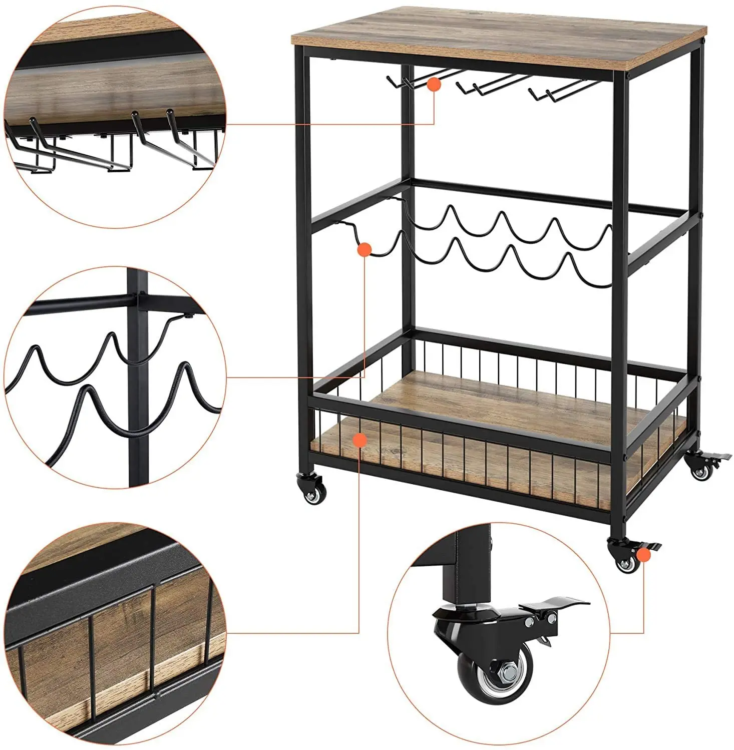 
Wine Bar Cart, Simple Modern Beverage Cart with Wine Rack/Glass Holder, Rolling Serving Cart with Lockable Wheels for Home Kitc 