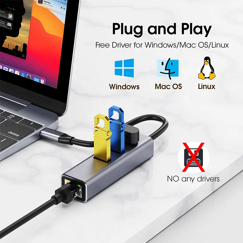 High Speed RJ45 Internet USB3.0 to 10/100/1000 Gigabit Type-C LAN Network USB C to Ethernet Adapter Hub for Window PC