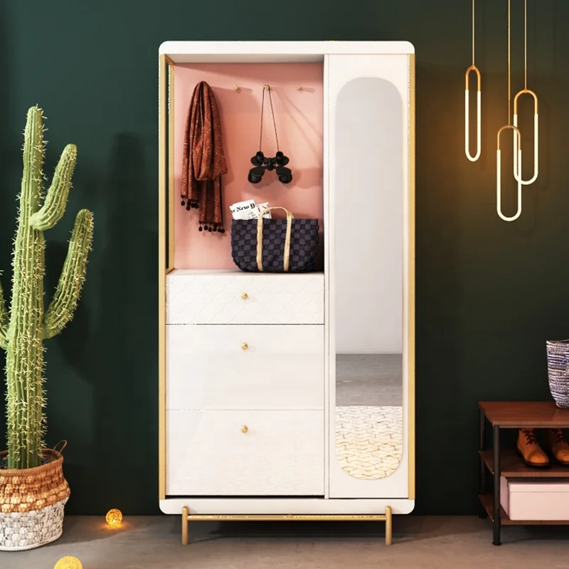 Modern Living Room Stainless Steel Frame Furniture Storage Luxury White Shoe Cabinet With Mirror