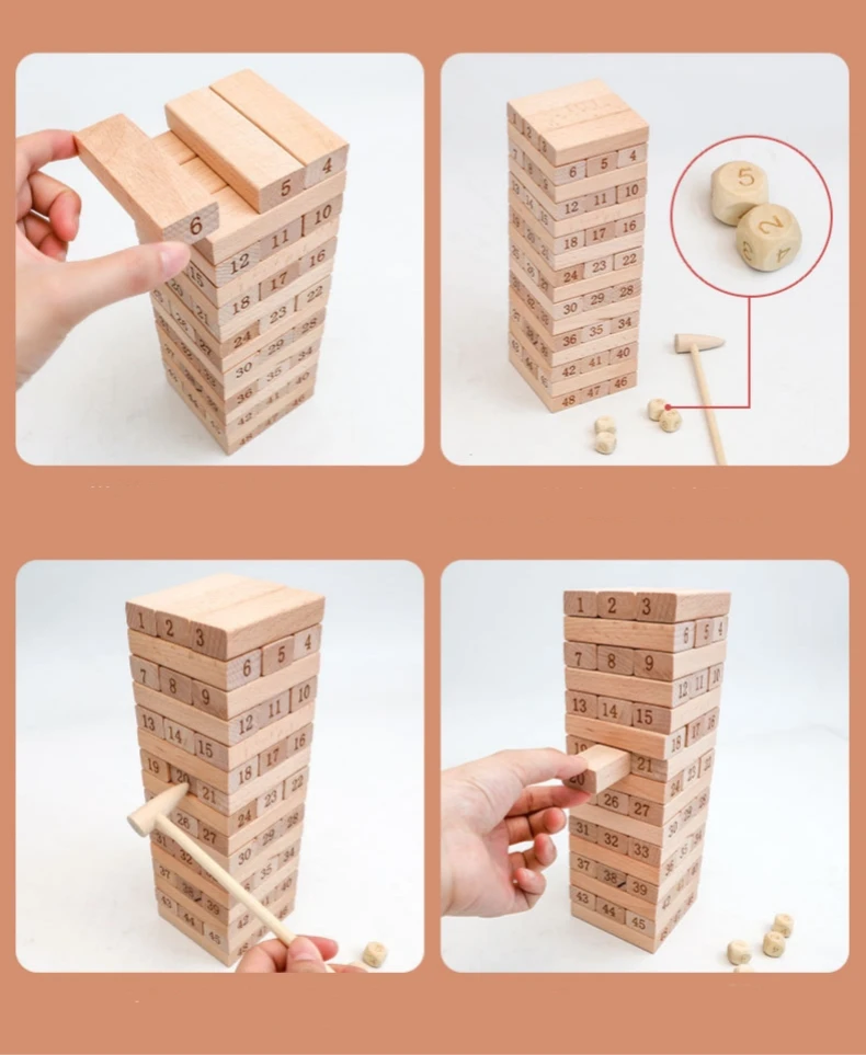 Classic family stacking game natural beech wood block tumble tower with number