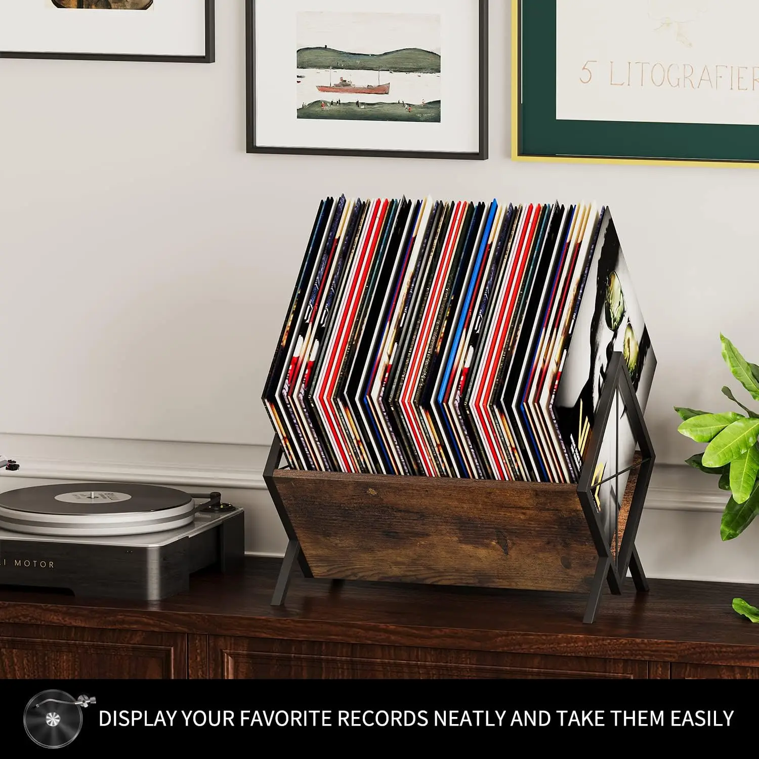 Multifunctional wooden and metal magazine and record rack - a must-have for modern home storage.