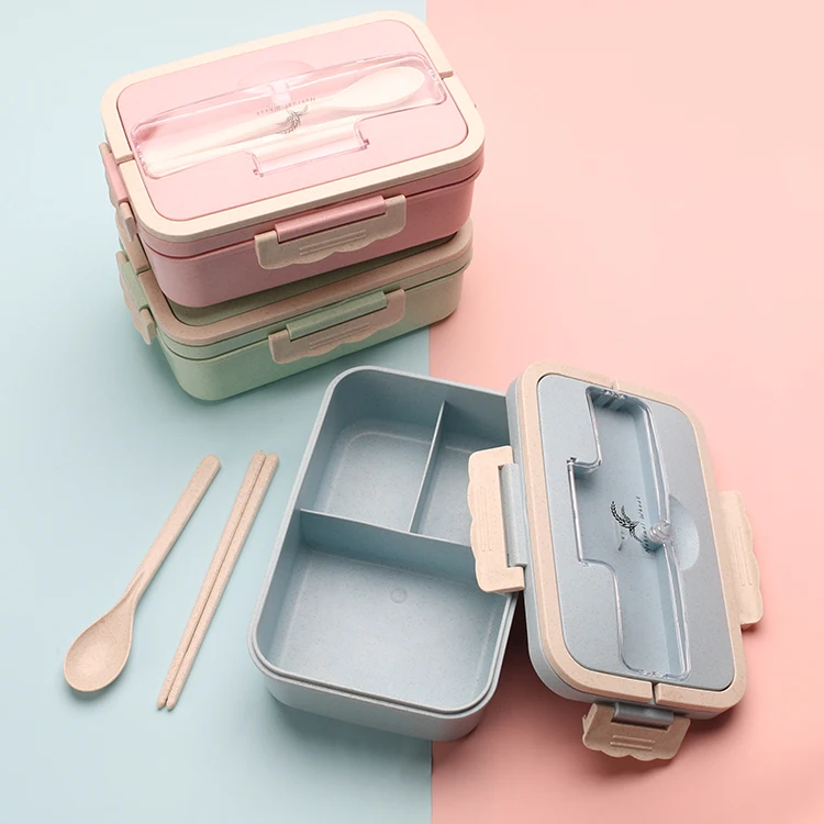 Hot Sell Wheat Straw Plastic Food Container Lunch Box with Chopsticks And Spoon