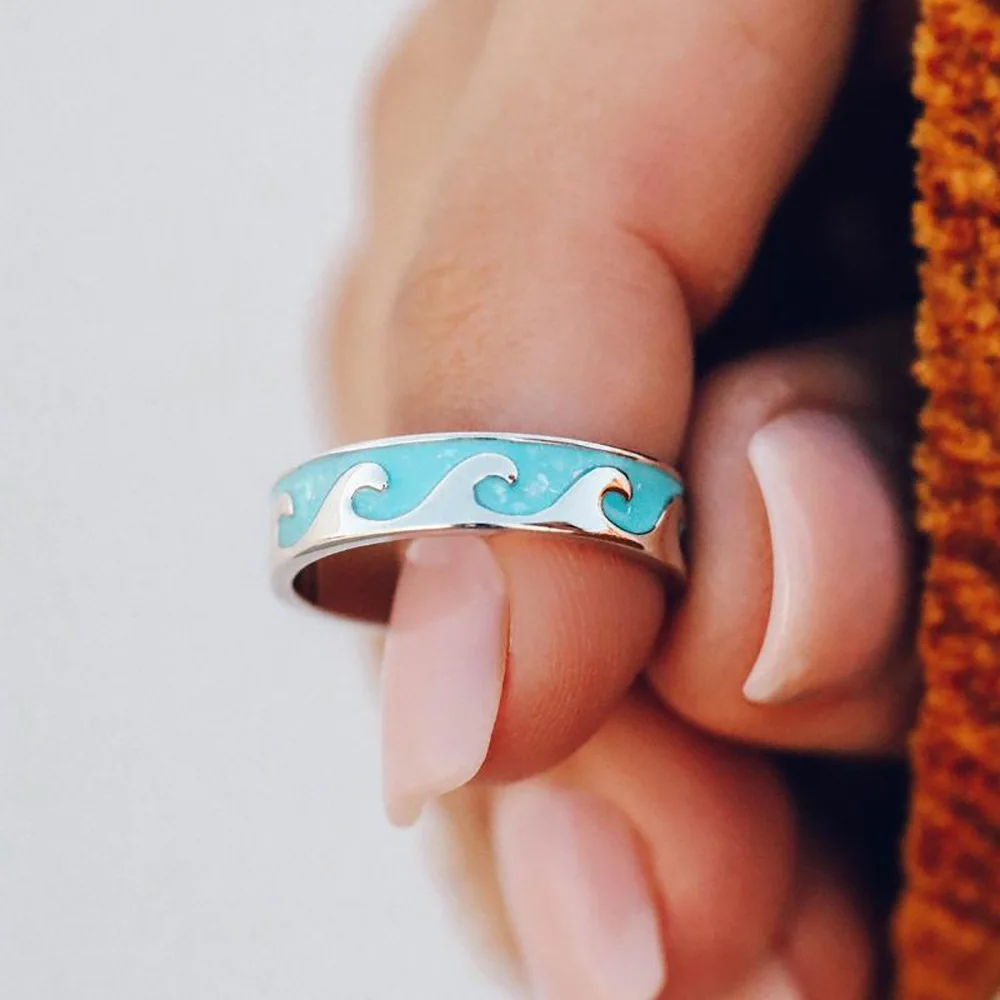 Creative Design Silver Free Size Finger Rings Cute Sky Blue Enamel Ocean Sea Wave  Rings Set For Women