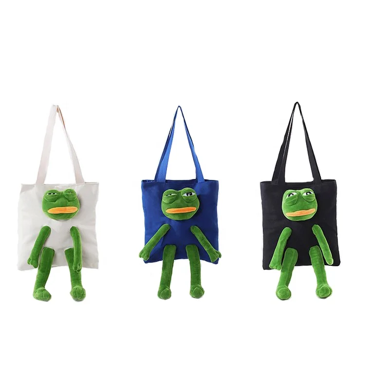 Canvas Green frog tote shoulder bag cute plush green frog student handbag natural canvas tote bags canvas zipper frog bag