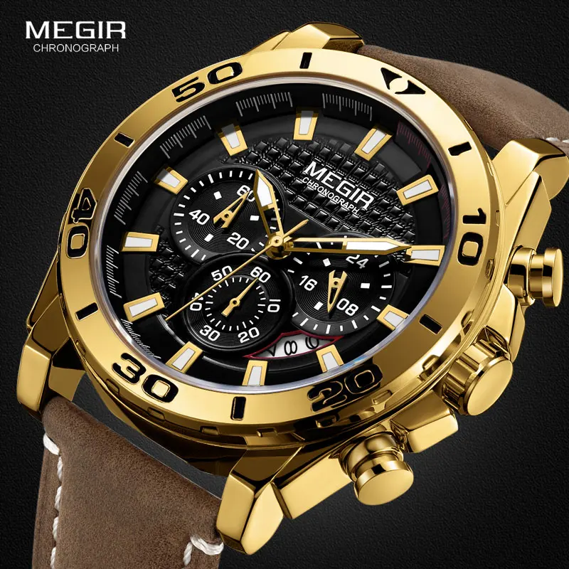 MEGIR 2094 Luxury Watches Leather Business Calendar Clock Waterproof Quartz Megir Men Chronograph Wrist Watches