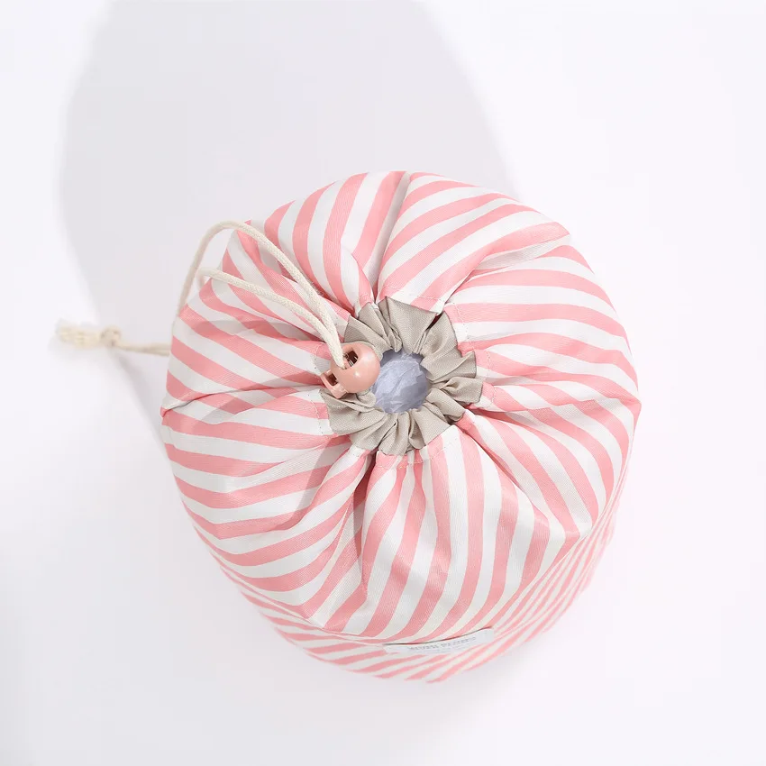 Fashion Barrel Shape Drawstring Toiletry Pouch Bag Printing Oxford Travel Beauty Cosmetic Kit Accessory Makeup Storage Bag