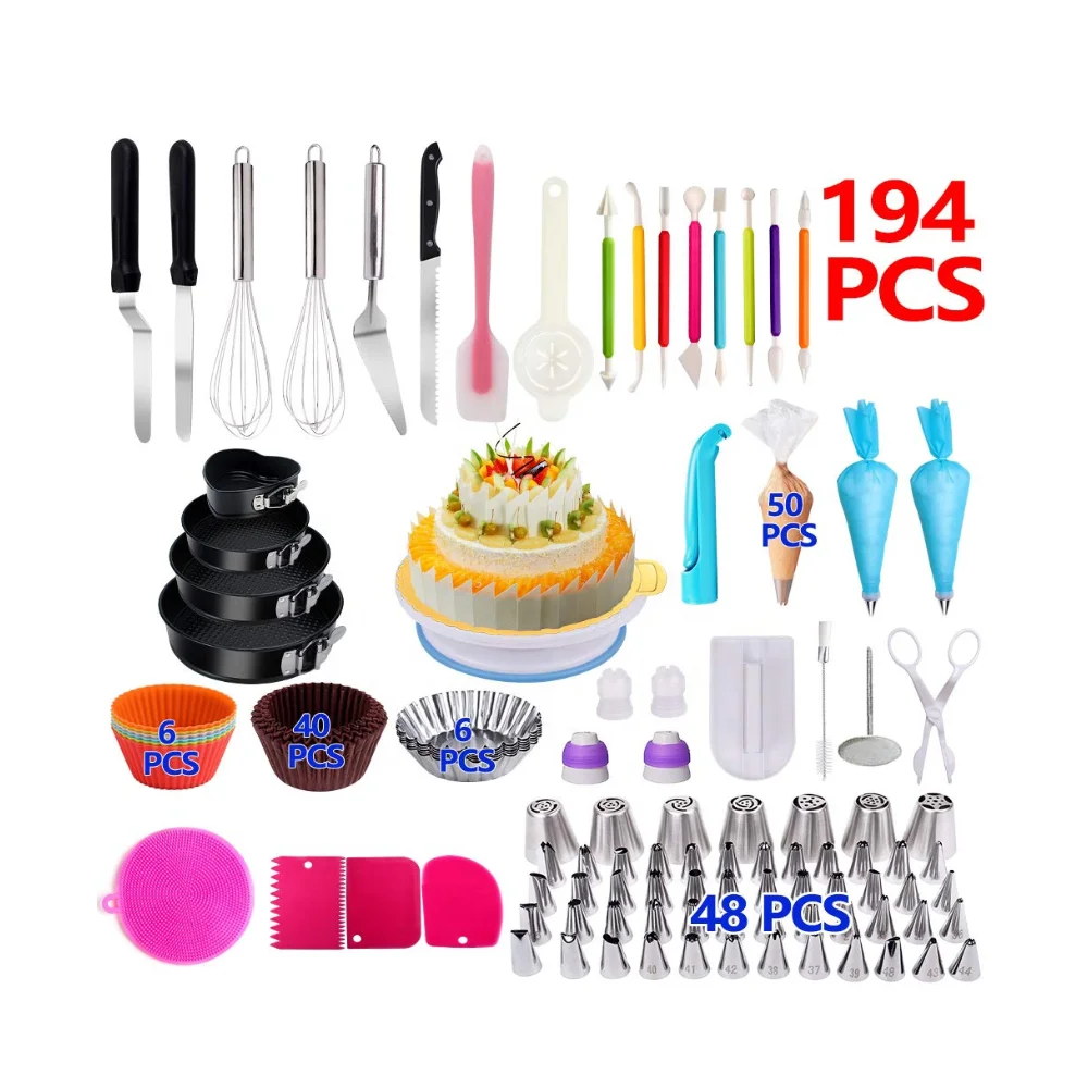 194 Pcs Complete Baking Set for Cake Turntable Set Decorating Supplies Kit Baking Tools Pastry Tools Baking Accessories