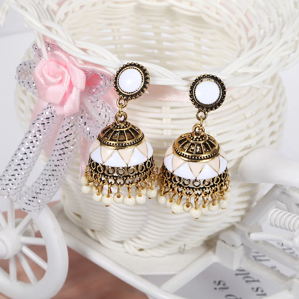 Ethnic Style Enamel Round Beads Tassel Bell Earring Antique Gold Plated Retro Jhumka Earrings Indian Traditional