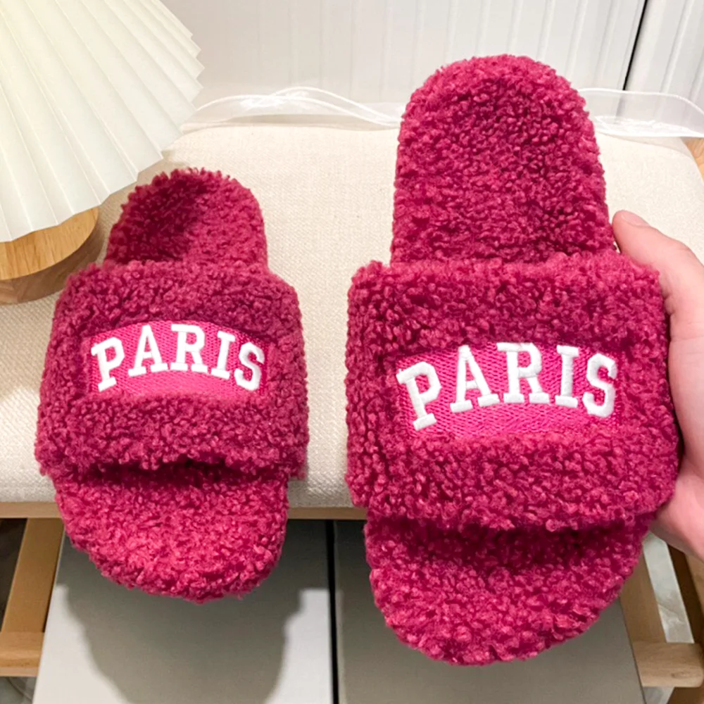 Women Luxury Warm Flat Footwear Female Slide Designer Sandal Plush Comfy Fashion Shoe Brand Lady Lamb Wool Outdoor Slipper